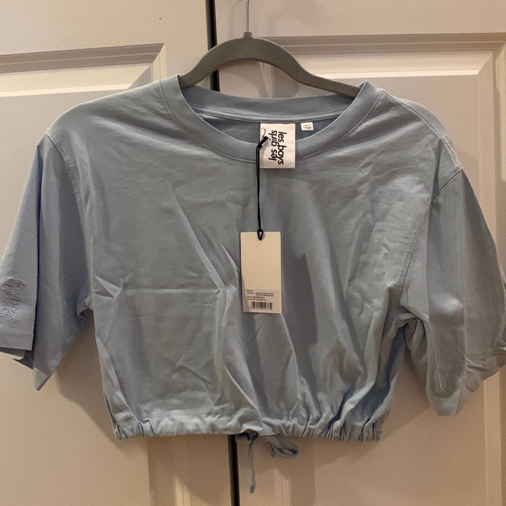 Les Girls Les Boys light blue crop t shirt (with tie)